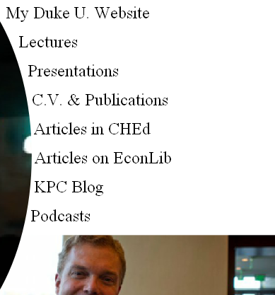 My Duke U. Website
Lectures
Presentations
C.V. & Publications
Articles in CHEd
Articles on EconLib
KPC Blog
Podcasts
